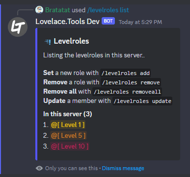 The /levelroles command - levelroles list