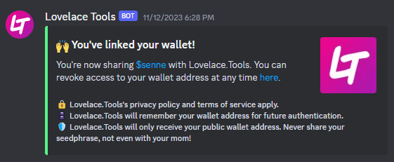 The /verify command - Succesfully verified a wallet