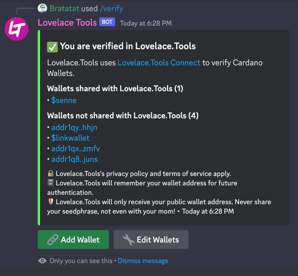 The /verify command - Wallets linked