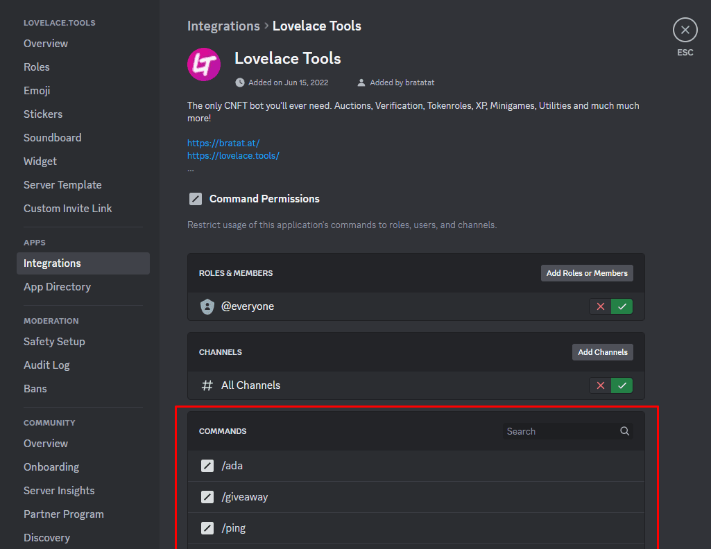 Discord Integrations settings tab