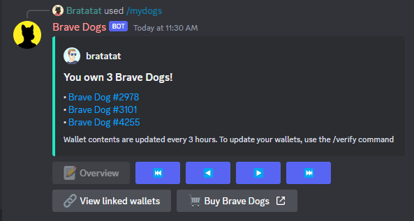 Example of the Brave Dogs bot's /mydogs command